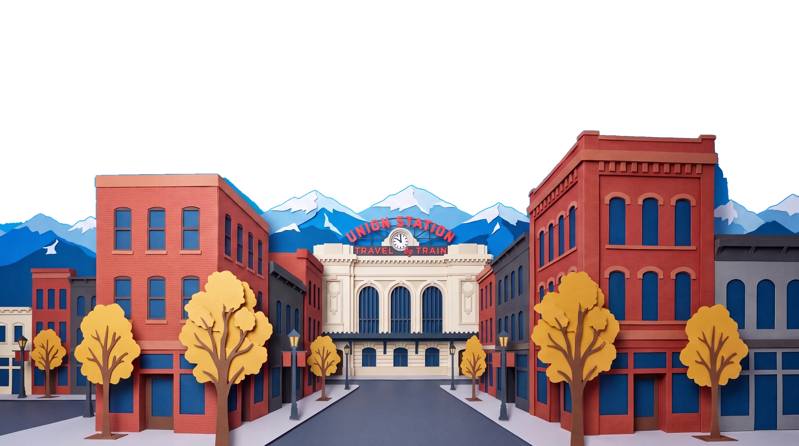 Cut-paper Denver: Union Station and brick buildings with golden October trees, the Rocky Mountains behind.
