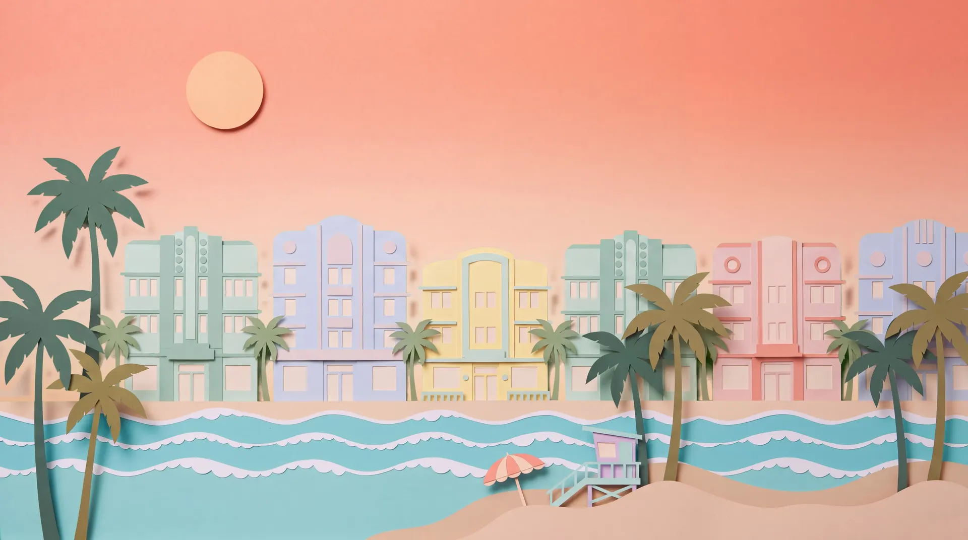 Cut-paper Miami Beach: pastel Art Deco hotels behind palm trees, with waves and sand in front.