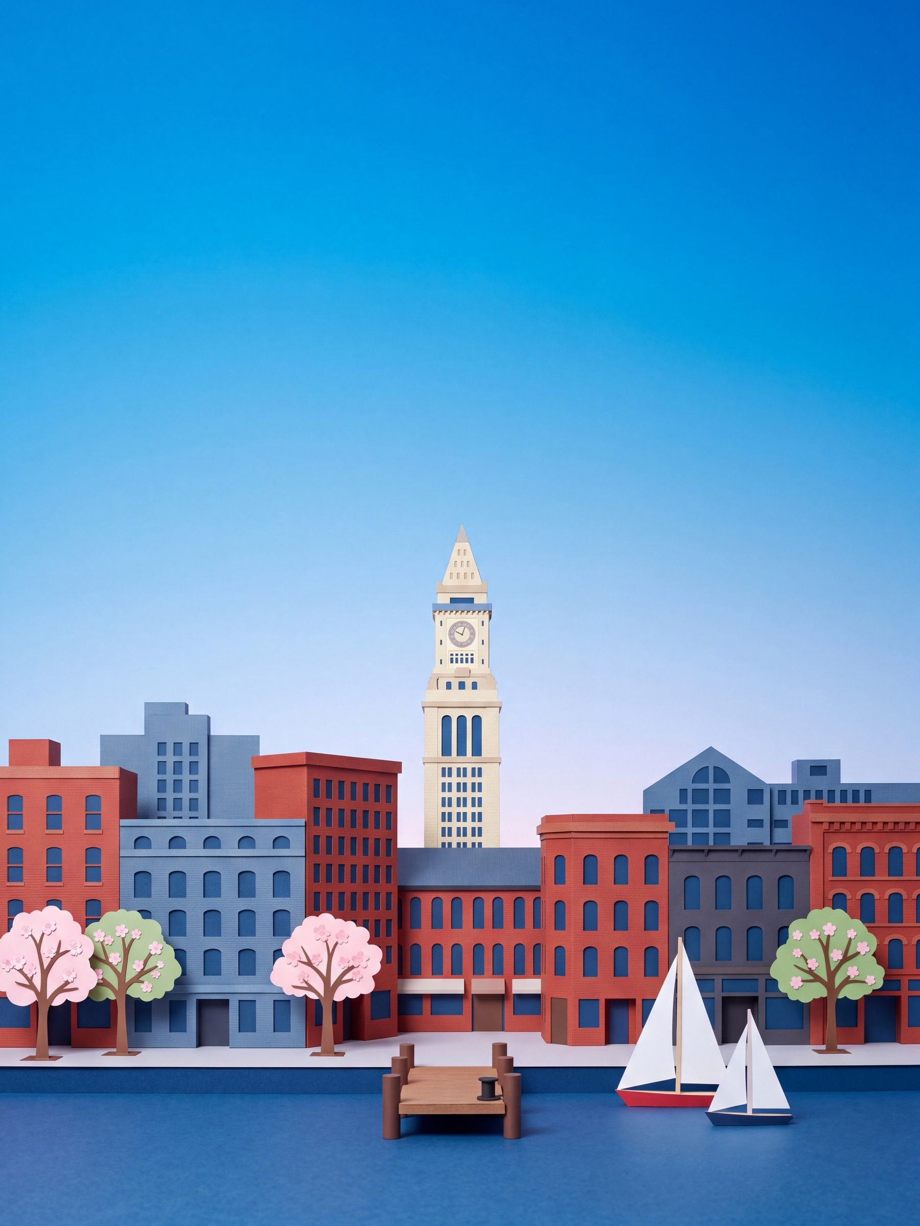 Cut-paper Boston harbor: the Custom House clock tower above red-brick waterfront buildings, sailboats and cherry blossoms.