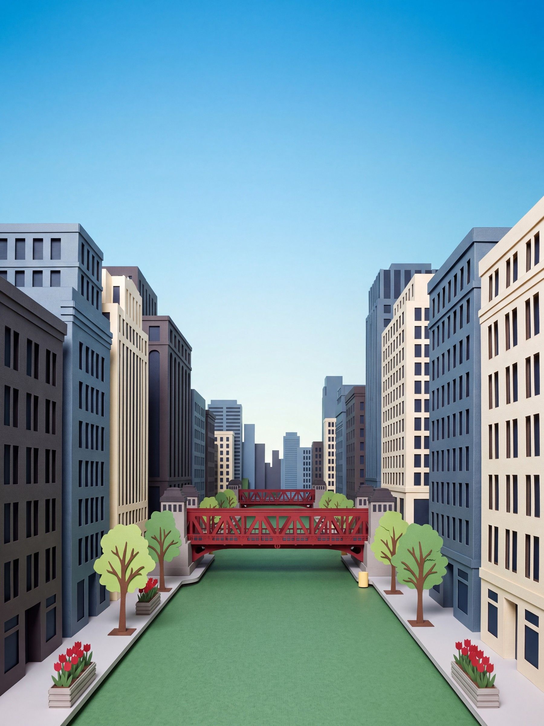 Cut-paper Chicago: the green Chicago River between rows of towers, crossed by a red bascule bridge, with tulips on the riverwalk.