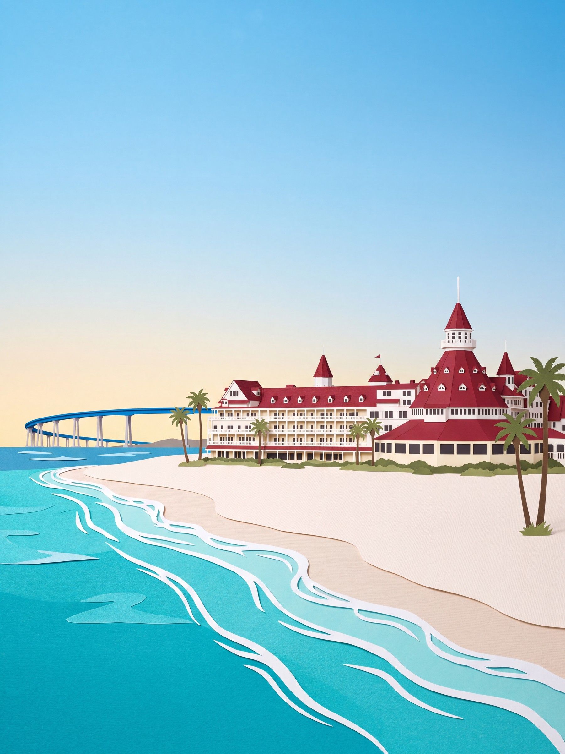 Cut-paper Coronado: the red-roofed Hotel del Coronado above a wide beach and turquoise waves, the Coronado Bridge in the distance.