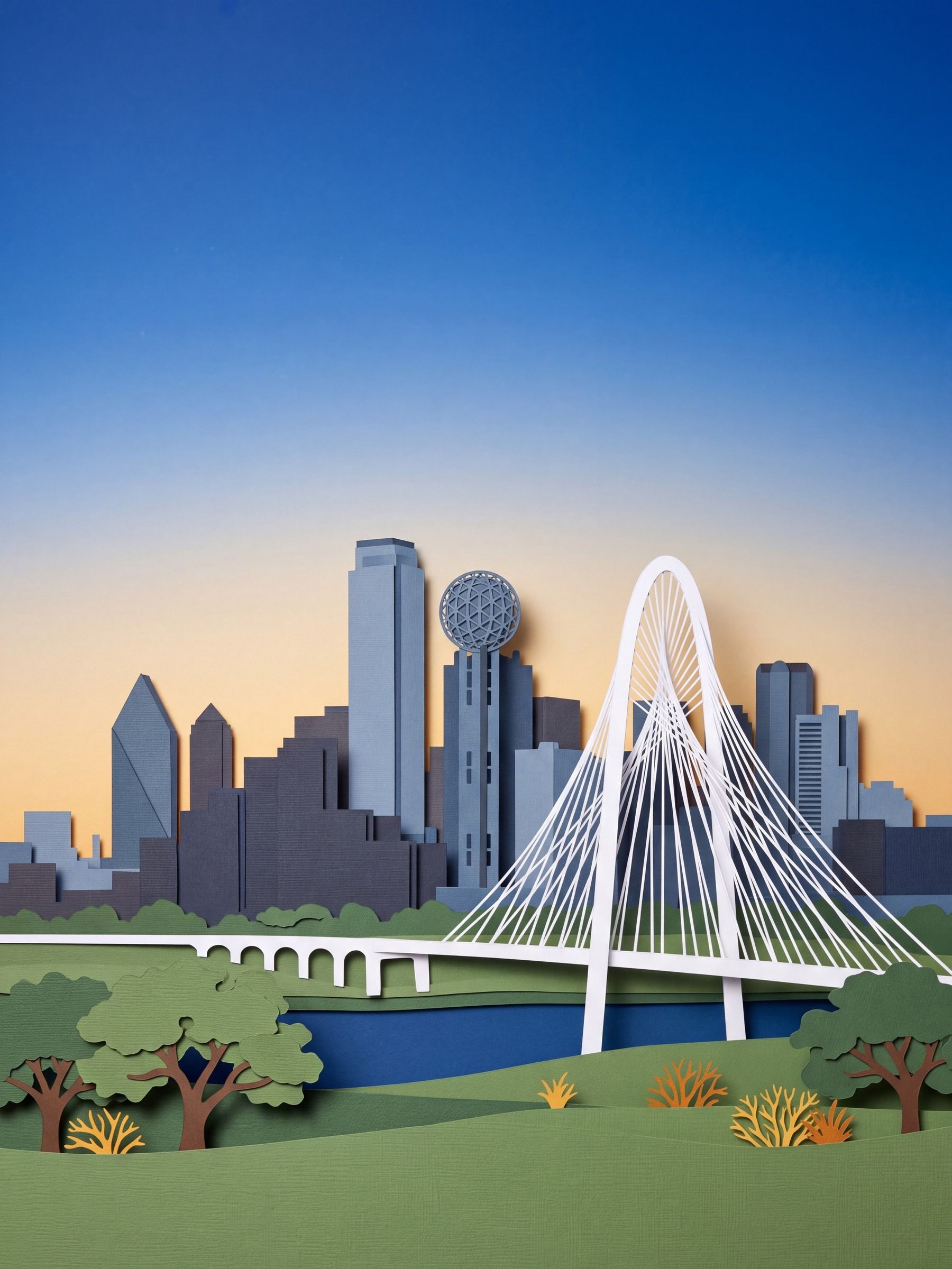 Cut-paper Dallas skyline with Reunion Tower and the white arch of the Margaret Hunt Hill Bridge.