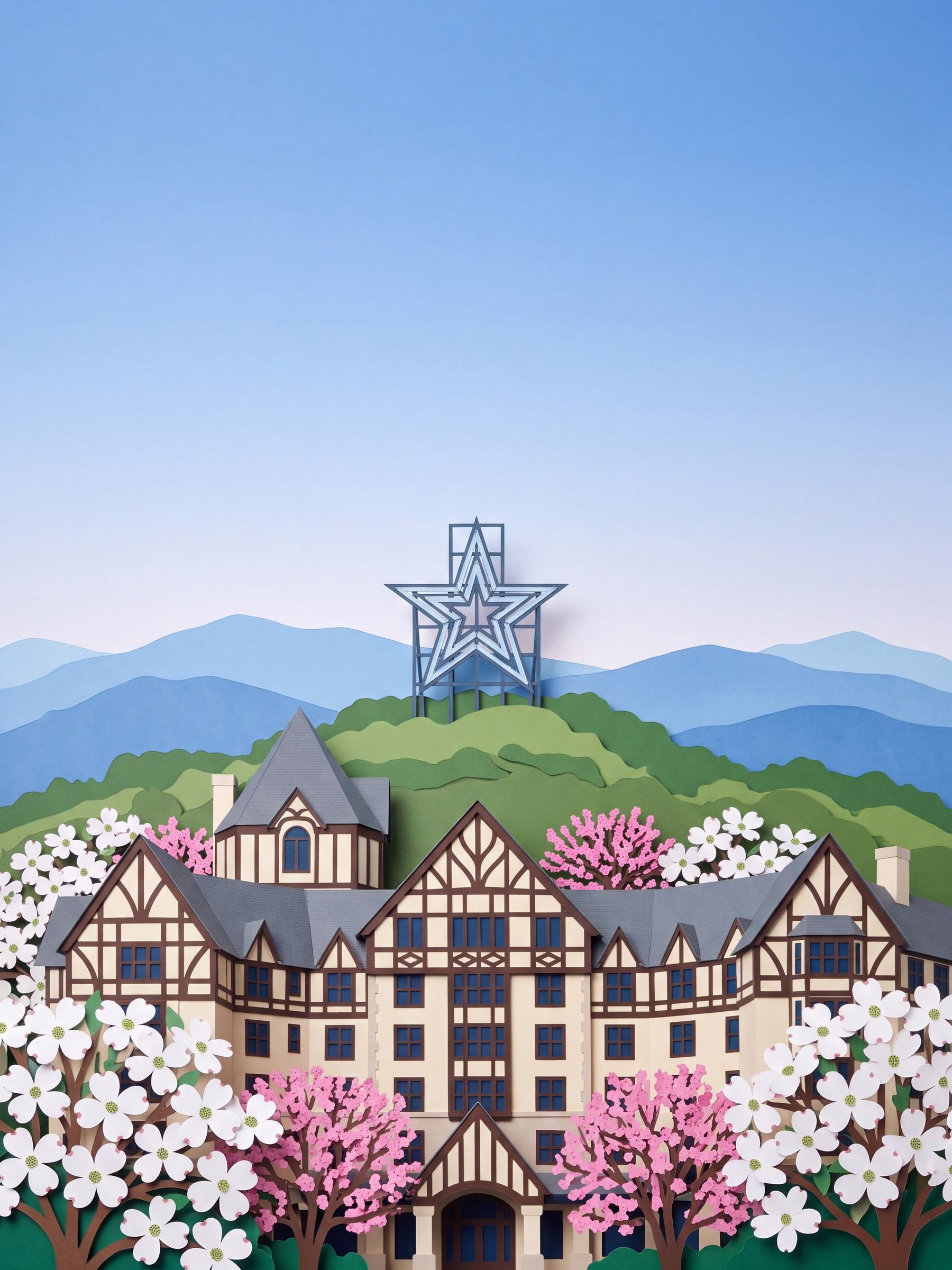 Cut-paper Roanoke: the Roanoke Star on Mill Mountain above the Blue Ridge, the Tudor-style Hotel Roanoke among white dogwoods.