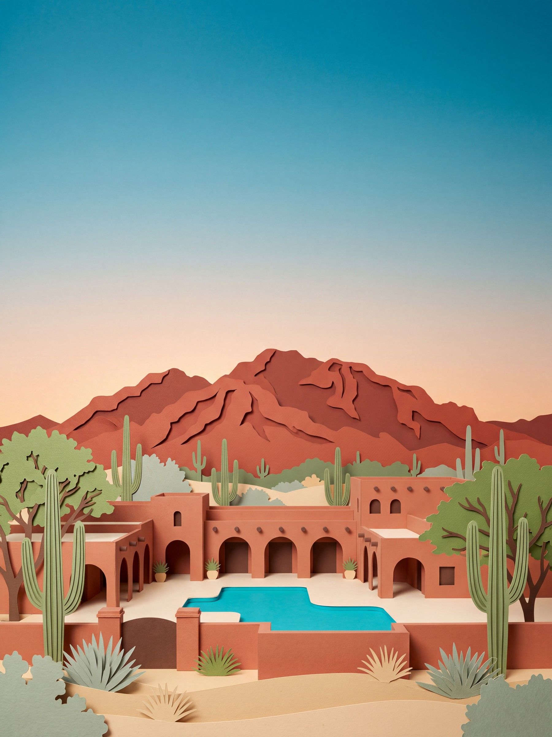 Cut-paper Scottsdale: Camelback Mountain's red ridge above saguaro cacti and an adobe resort with a turquoise pool.